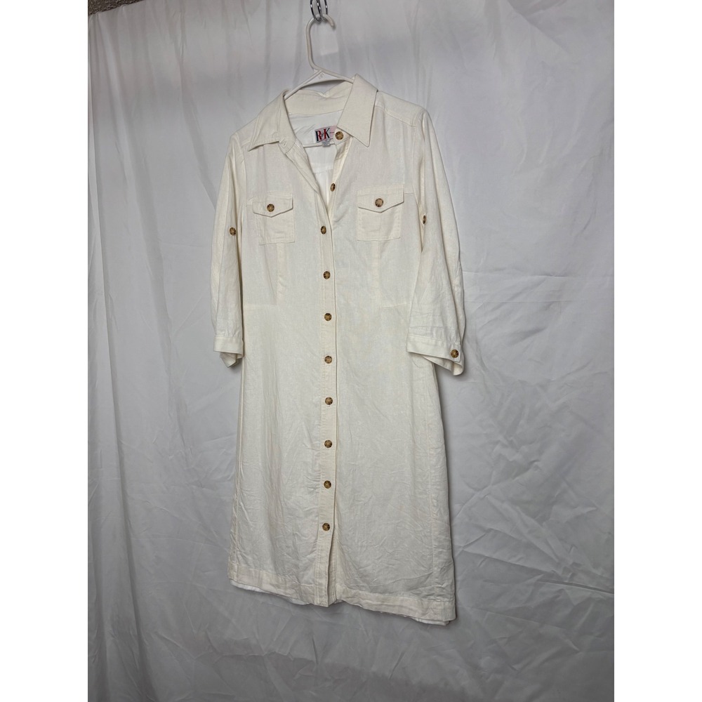 RK Originals Womens White Linen Blend Button Front Shirt Dress Size 10 Pocket